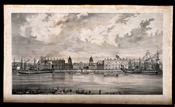 Royal Naval Hospital, Greenwich: a Naval Review in progress with ships of the line, and rowing boats in the foreground. Lithograph.