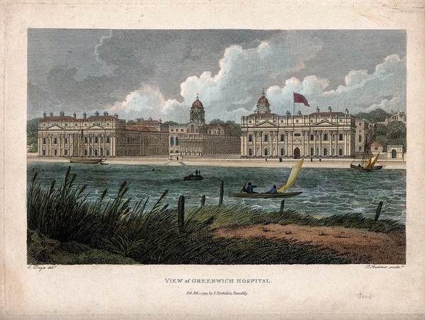 Royal Naval Hospital, Greenwich, with ships, rowing boats, reeds and mooring posts in the foreground, seen from the Isle of Dogs. Coloured engraving by P. Audinet, 1798, after E. Dayes, 1797.