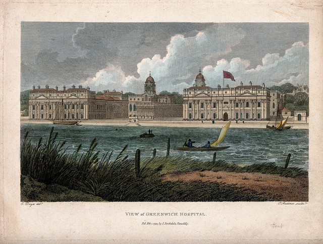 Royal Naval Hospital, Greenwich, with ships, rowing boats, reeds and mooring posts in the foreground, seen from the Isle of Dogs. Coloured engraving by P. Audinet, 1798, after E. Dayes, 1797.