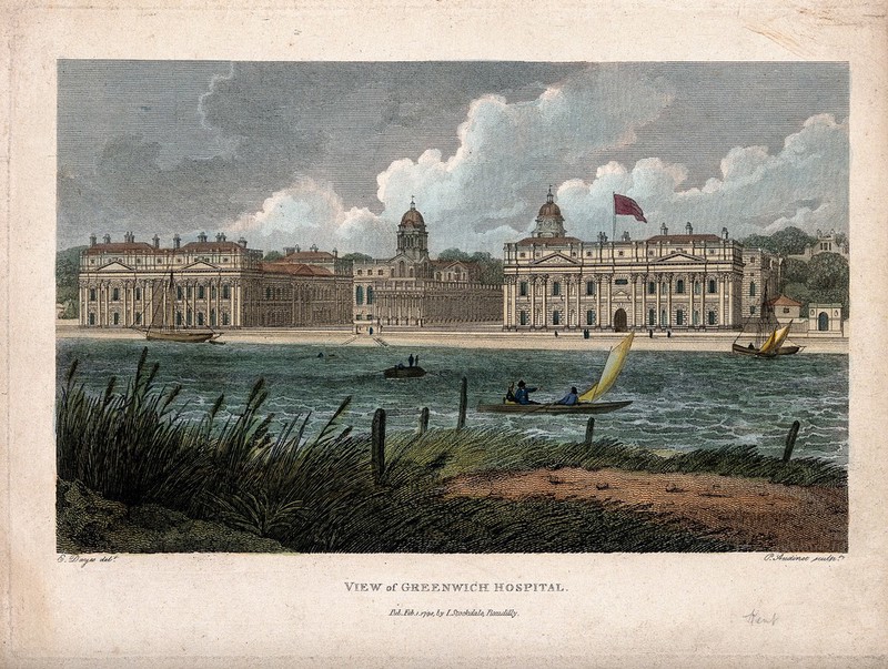 Royal Naval Hospital, Greenwich, with ships, rowing boats, reeds and mooring posts in the foreground, seen from the Isle of Dogs. Coloured engraving by P. Audinet, 1798, after E. Dayes, 1797., 1 February 1798, by Edward Dayes