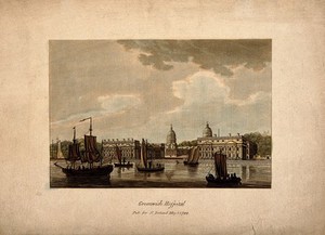 view Royal Naval Hospital, Greenwich, with ships and rowing boats in the foreground, seen from the Isle of Dogs. Coloured aquatint, 1799.