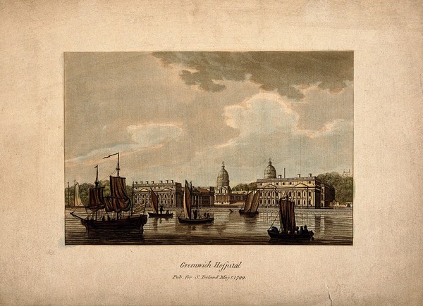 Royal Naval Hospital, Greenwich, with ships and rowing boats in the foreground, seen from the Isle of Dogs. Coloured aquatint, 1799.