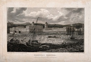 view Royal Naval Hospital, Greenwich, with ships and rowing boats in the foreground, viewed from the Isle of Dogs. Engraving by A. Warren, 1805, after R. B. Schnebbelie.