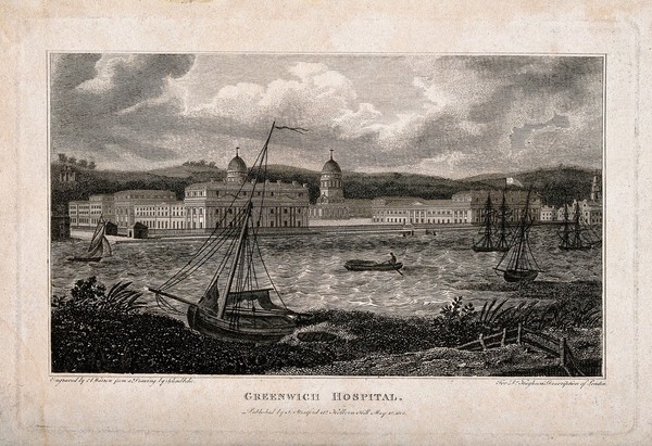 Royal Naval Hospital, Greenwich, with ships and rowing boats in the foreground, viewed from the Isle of Dogs. Engraving by A. Warren, 1805, after R. B. Schnebbelie.