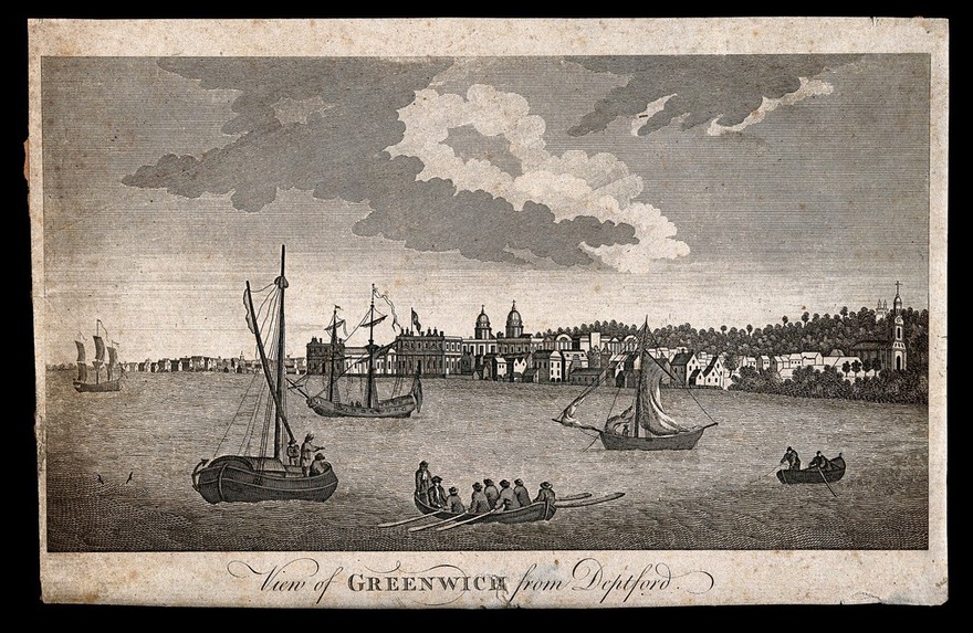 Royal Naval Hospital, Greenwich, with ships and rowing boats in the foreground, viewed from a distance up river. Engraving.