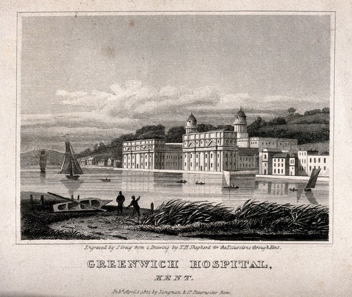 Royal Naval Hospital, Greenwich, viewed at a distance, from the Isle of Dogs, with ships and rowing boats in the foreground. Engraving by J. Greig after T. H. Shepherd, 1822.