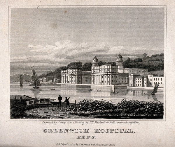 Royal Naval Hospital, Greenwich, viewed at a distance, from the Isle of Dogs, with ships and rowing boats in the foreground. Engraving by J. Greig after T. H. Shepherd, 1822.