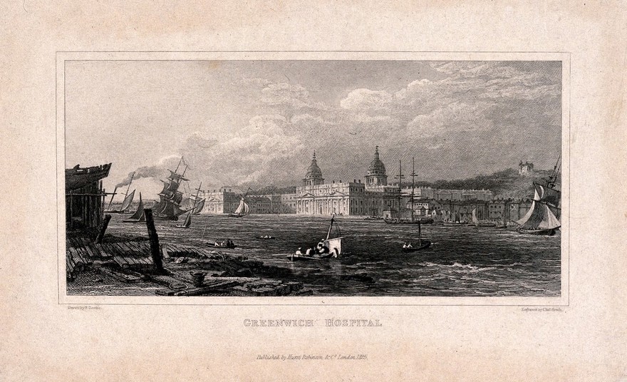 Royal Naval Hospital, Greenwich, from the Isle of Dogs, with ships and rowing boats in the foreground, viewed from a distance up river. Engraving by C. Heath, 1825, after P. de Wint.