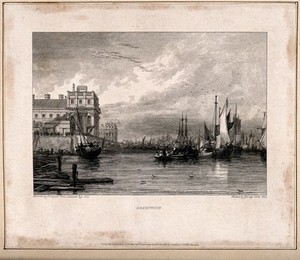 view Royal Naval Hospital, Greenwich, from down river, with a multitude of ships and rowing boats on the right. Engraving by G. Cooke, after A. W. Callcott, 1827.