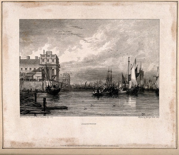 Royal Naval Hospital, Greenwich, from down river, with a multitude of ships and rowing boats on the right. Engraving by G. Cooke, after A. W. Callcott, 1827.