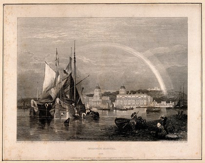 Royal Naval Hospital, Greenwich, with a rainbow over it, from the Isle of Dogs, with ships and rowing boats in the foreground, viewed from a distance up river. Engraving by G. Cooke, 1828, after C. Stanfield.