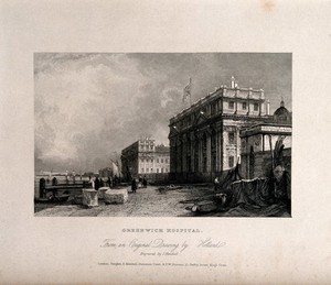 view Royal Hospital, Greenwich, seen from the west, with fishermen, nets drying, and large blocks of stone. Engraving by J. Henshall after J. Holland.