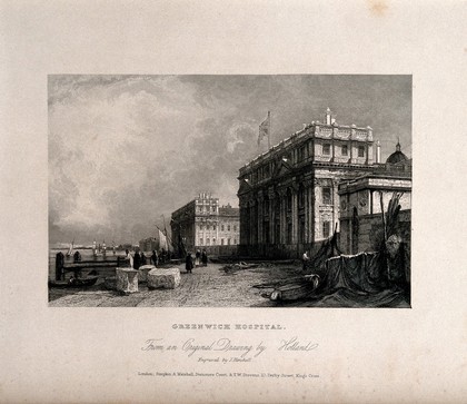 Royal Hospital, Greenwich, seen from the west, with fishermen, nets drying, and large blocks of stone. Engraving by J. Henshall after J. Holland.