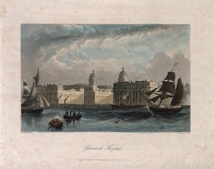 view Royal Naval Hospital, Greenwich, from the Isle of Dogs, with ships and rowing boats in the foreground, viewed from a distance up river. Coloured engraving by A. H. Payne after W. French.