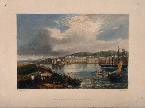 Royal Naval Hospital, Greenwich, from the Isle of Dogs, with ships and rowing boats in the foreground, viewed from a distance up river. Coloured engraving by W. Henshall after C. Campion.