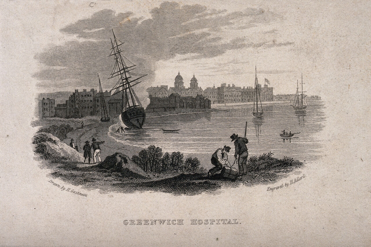 Royal Naval Hospital Greenwich, viewed from afar with two men opening a bundle on the riverbank in the foreground. Engraving by H. Adlard after H. Gastineau., by Henry Gastineau