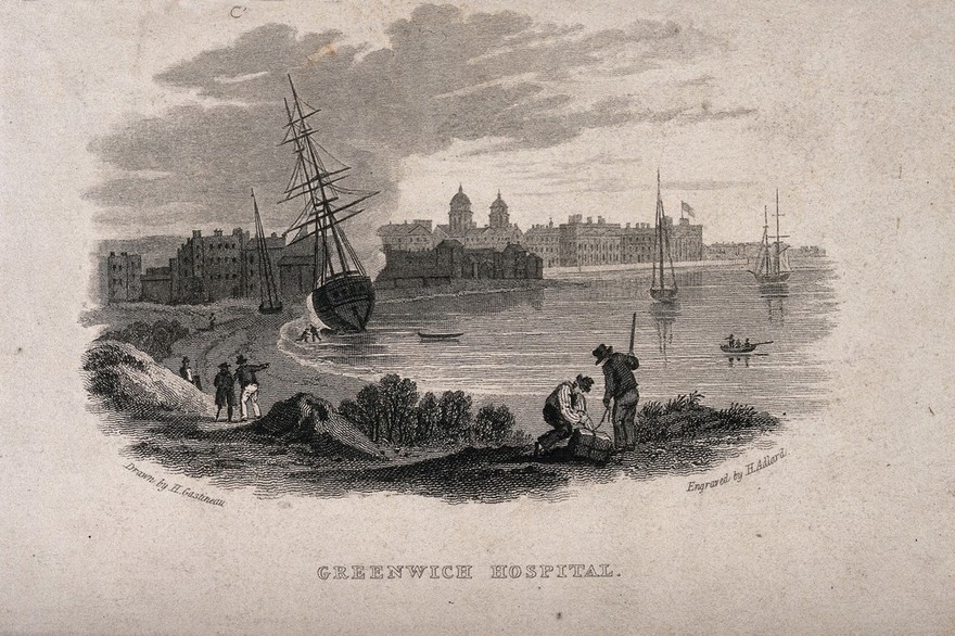 Royal Naval Hospital Greenwich, viewed from afar with two men opening a bundle on the riverbank in the foreground. Engraving by H. Adlard after H. Gastineau.