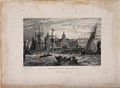 view Royal Naval Hospital, Greenwich, seen from the Isle of Dogs, with ships and rowing boats in the foreground, a windy day, a rough tide running. Engraving by R. Wallis after S. Owen.