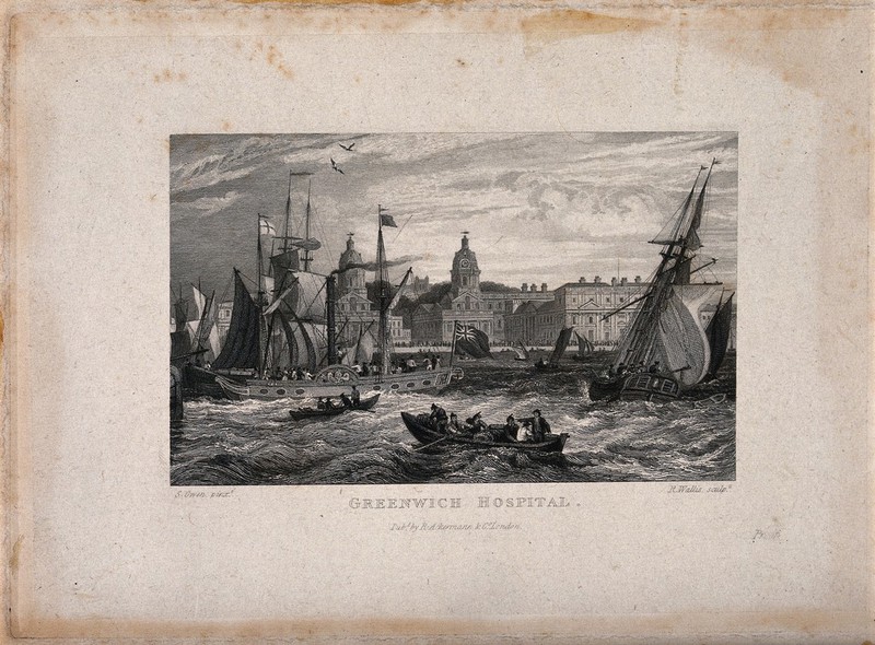 Royal Naval Hospital, Greenwich, seen from the Isle of Dogs, with ships and rowing boats in the foreground, a windy day, a rough tide running. Engraving by R. Wallis after S. Owen., by Samuel Owen