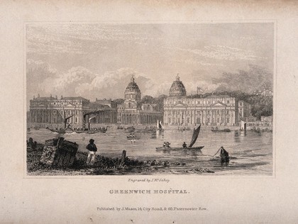 Royal Naval Hospital, Greenwich, from the Isle of Dogs, with ships and rowing boats in the foreground, viewed from a distance up river. Engraving by J. McGahey.