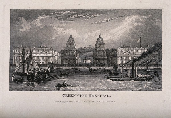 Royal Naval Hospital, Greenwich, with ships and rowing boats in the foreground. Engraving.