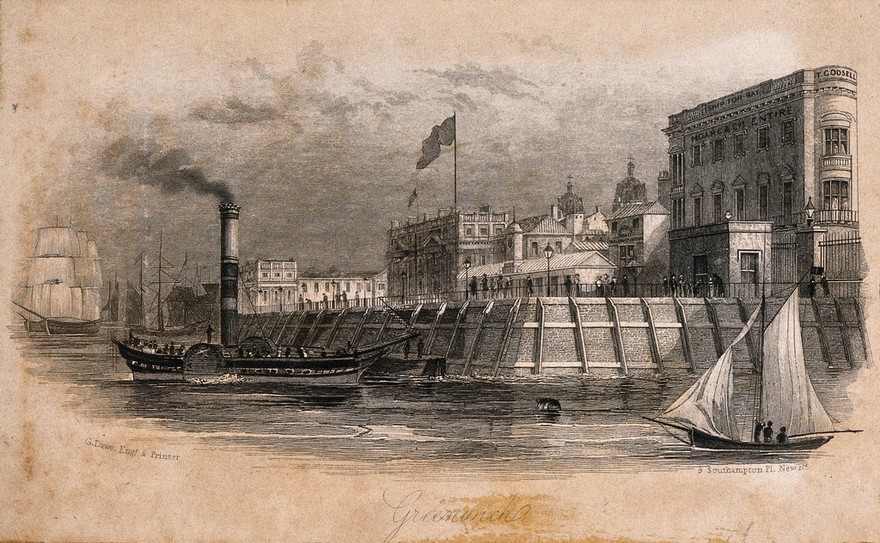 Royal Naval Hospital, Greenwich, a brick quay with wooden piers around it, with ships in the foreground, viewed from the river. Engraving by G. Dawe, 184-.