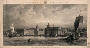 view Royal Naval Hospital, Greenwich, from the Isle of Dogs, with ships and rowing boats in the foreground. Engraving by T. Higham, 1843, after G. Moore.