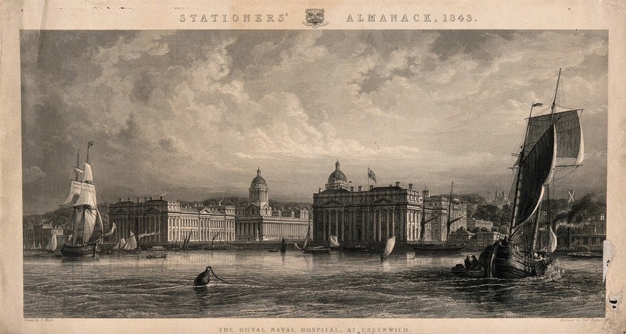 Royal Naval Hospital, Greenwich, from the Isle of Dogs, with ships and rowing boats in the foreground. Engraving by T. Higham, 1843, after G. Moore.
