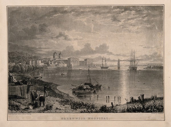 Royal Naval Hospital Greenwich, viewed at sunset from afar with many ships, fishermen in the foreground. Lithograph by J. D. Harding after himself.