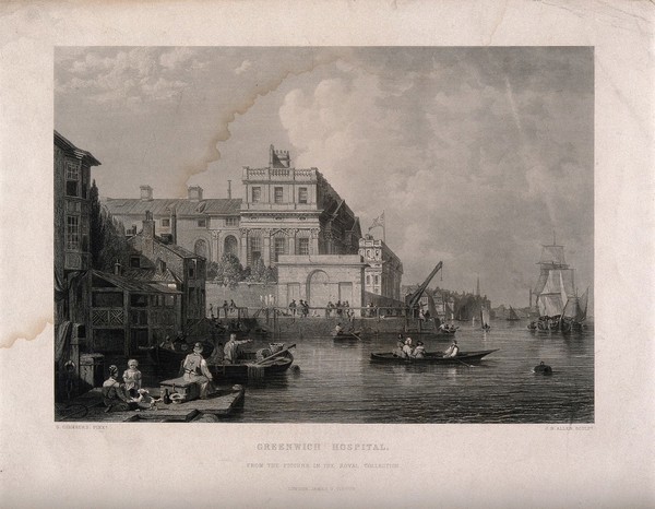 Royal Naval Hospital Greenwich: viewed from down river, with boats in the foreground. Engraving by J. B. Allen after G. Chambers.