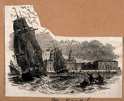 Royal Naval Hospital Greenwich, viewed from afar with many ships in the foreground. Wood engraving by H. Vizetelly after W. H. Prior.