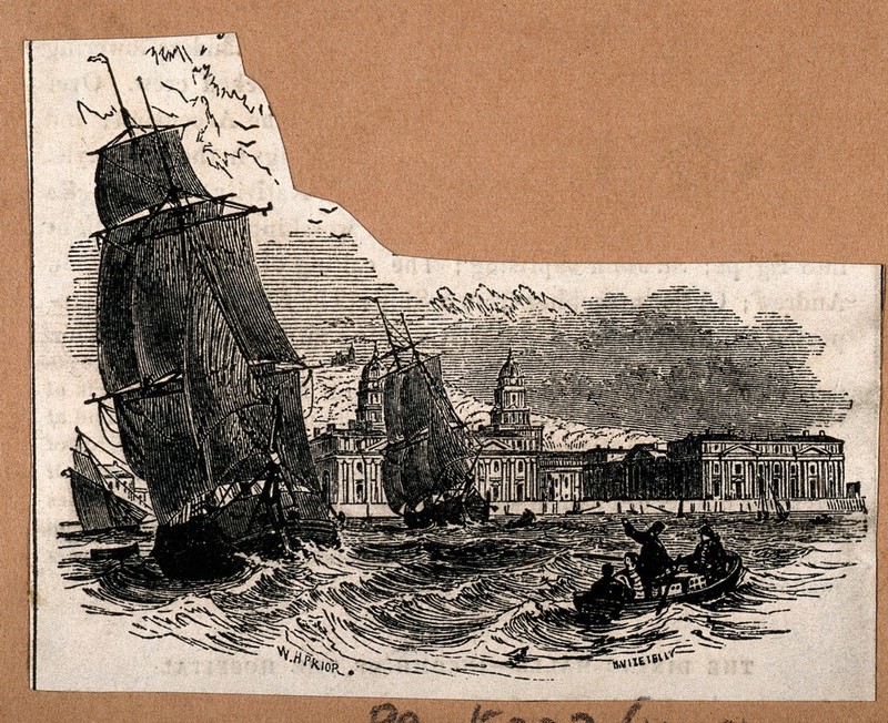 Royal Naval Hospital Greenwich, viewed from afar with many ships in the foreground. Wood engraving by H. Vizetelly after W. H. Prior., by William Henry Prior