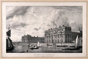 view Royal Naval Hospital, Greenwich, from a boat in the river, with ships and rowing boats in the foreground, viewed from a distance up river. Lithograph by W. Westall after himself.
