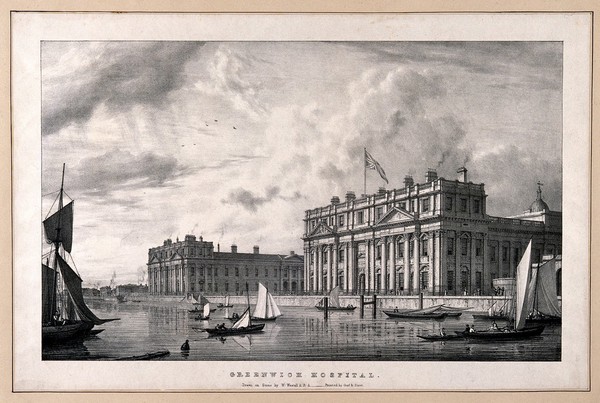Royal Naval Hospital, Greenwich, from a boat in the river, with ships and rowing boats in the foreground, viewed from a distance up river. Lithograph by W. Westall after himself.