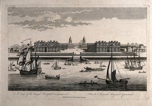 view Royal Naval Hospital, Greenwich, from the Isle of Dogs, with ships and rowing boats in the foreground. Engraving, 1753.