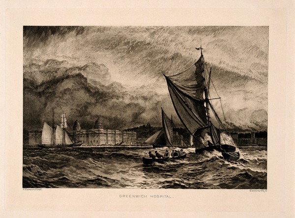 Royal Naval Hospital, Greenwich, with ships and rowing boats in the foreground, a windy day, a rough tide running. Photomechanical reproduction by Dawsons after H. Dawson.