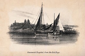 view Royal Naval Hospital Greenwich, viewed from afar with ships and fishermen in the foreground. Lithograph.