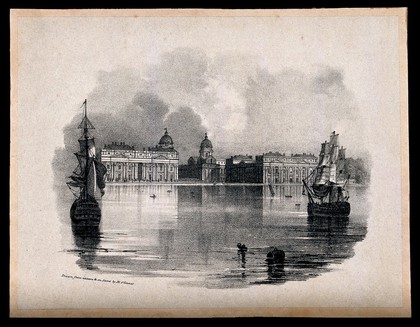 Royal Naval Hospital Greenwich, viewed from the Isle of Dogs with two ships in the foreground. Lithograph by M. O'Connor after himself.