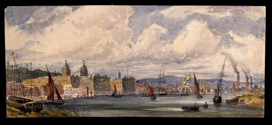 Royal Naval Hospital Greenwich, viewed from afar with many ships in the foreground. Watercolour.