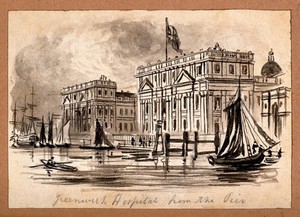 view Royal Naval Hospital, Greenwich, the quay with ships in the foreground, viewed from the pier. Ink drawing.