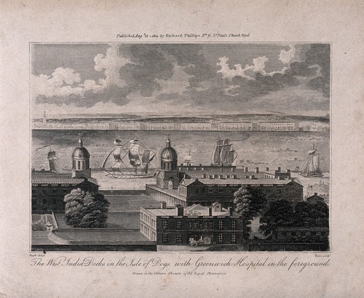 The Royal Naval Hospital and the Queen's House, Greenwich, from the south, the Isle of Dogs and West India Docks beyond. Engraving by T. Reeve after E. Pugh, 1804.