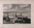 view The Royal Naval Hospital and the Queen's House, Greenwich, from the south, the Isle of Dogs and West India Docks beyond. Engraving by T. Reeve after E. Pugh, 1804.