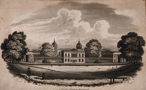 view The Royal Naval Hospital and the Queen's House, Greenwich, the Isle of Dogs beyond. Aquatint by J. Baily after J. T. Lee, 1811.