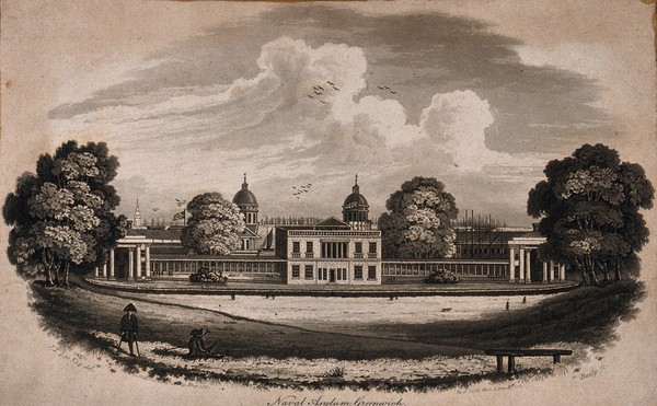 The Royal Naval Hospital and the Queen's House, Greenwich, the Isle of Dogs beyond. Aquatint by J. Baily after J. T. Lee, 1811.