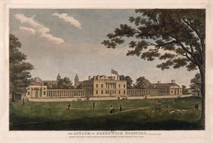 view The Queen's House seen from Greenwich Park, with people and animals in the foreground, Naval Hospital in the distance. Coloured engraving, 1814.