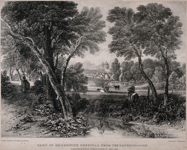 The Royal Naval Hospital, Greenwich. Lithograph by J. D. Harding after himself, 1822.