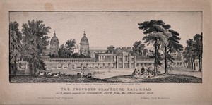 view The Royal Naval Hospital and the Queen's House, Greenwich, the Gravesend Railway viaduct in front. Zincograph by Chapman & Co., 1835.