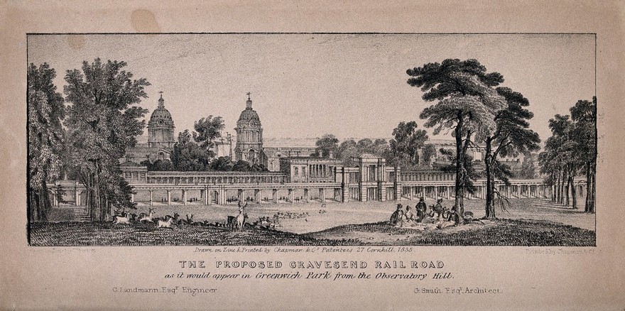 The Royal Naval Hospital and the Queen's House, Greenwich, the Gravesend Railway viaduct in front. Zincograph by Chapman & Co., 1835.