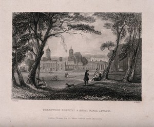 view Greenwich, viewed from the Park, with people in the foreground. Engraving by H. Wallis after C. Bentley.