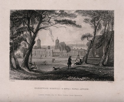 Greenwich, viewed from the Park, with people in the foreground. Engraving by H. Wallis after C. Bentley.